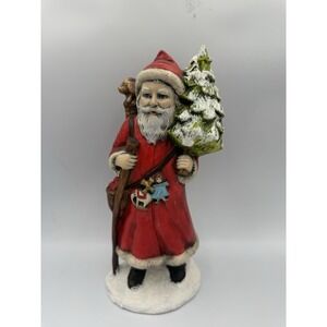 Vintage Ceramic Old World Santa W/ Puppy & Tree Figurine Statue Hand Painted 11"